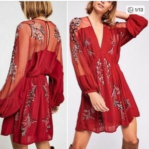Free People Bonjour Red Embroidered Mini Dress XS — Boho Maximalist
